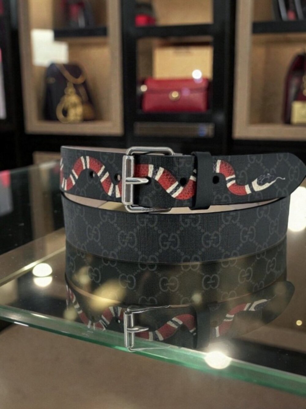 GUCCI GG Monogram Kingsnake Black Belt Supreme W/ Box & Dust Bag 36" Waist